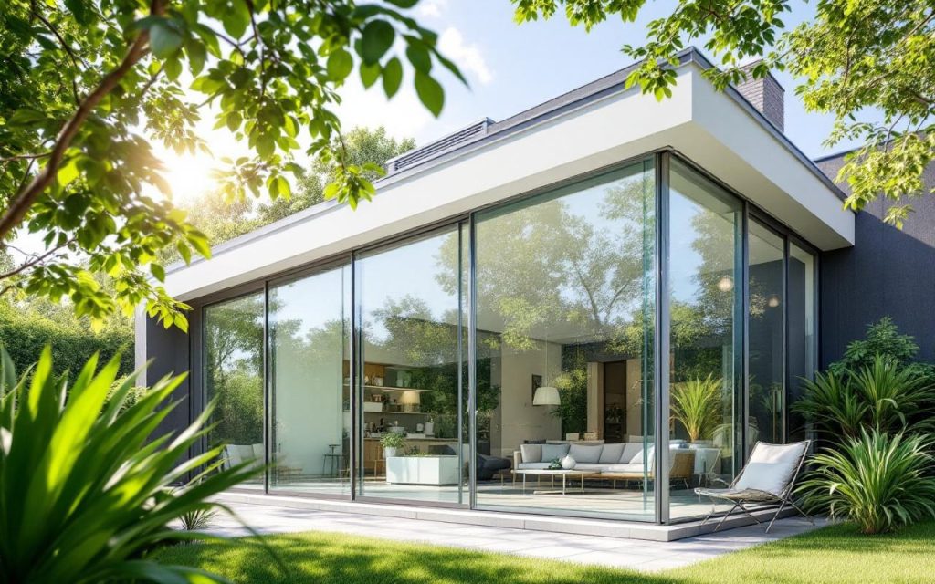 Image d'une extension moderne en aluminium avec des murs en verre, entourée de verdure, baignée par la lumière du soleil, illustrant une architecture contemporaine.