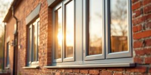 Façade en brique avec fenêtres PVC modernes aux cadres gris anthracite, vitrages réfléchissants, détails nets des joints de brique, ambiance naturelle et lumière volumétrique chaude du coucher de soleil.