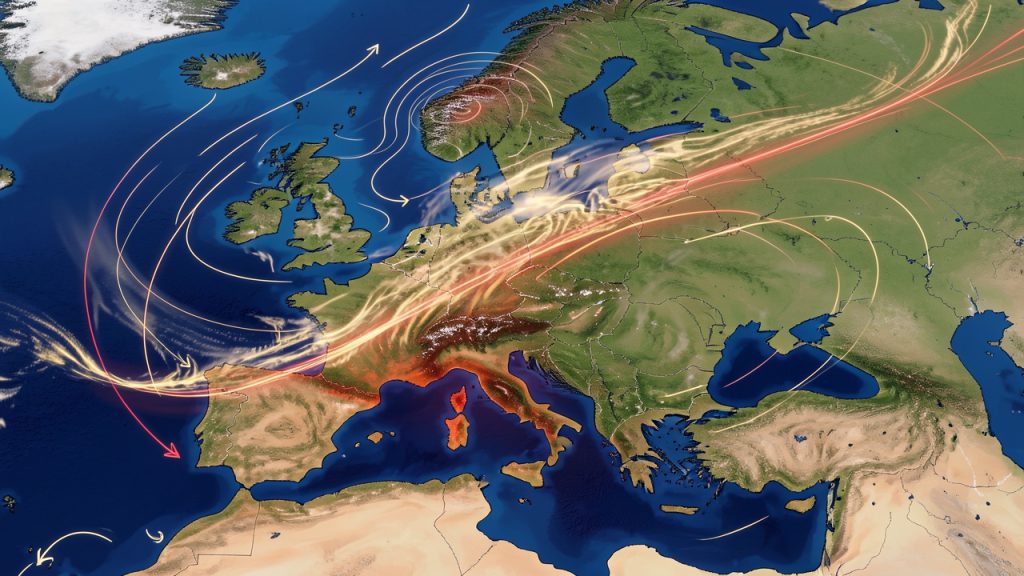 Carte météorologique stylisée de l’Europe montrant un ruban coloré de courant-jet traversant l’Atlantique et le continent, accompagné de flèches indiquant les vents.