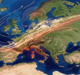 Les 6 meilleures cartes du courant-jet pour anticiper la météo en Europe en 2026 Carte météorologique stylisée de l’Europe montrant un ruban coloré de courant-jet traversant l’Atlantique et le continent, accompagné de flèches indiquant les vents.