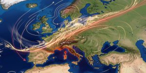 Carte météorologique stylisée de l’Europe montrant un ruban coloré de courant-jet traversant l’Atlantique et le continent, accompagné de flèches indiquant les vents.