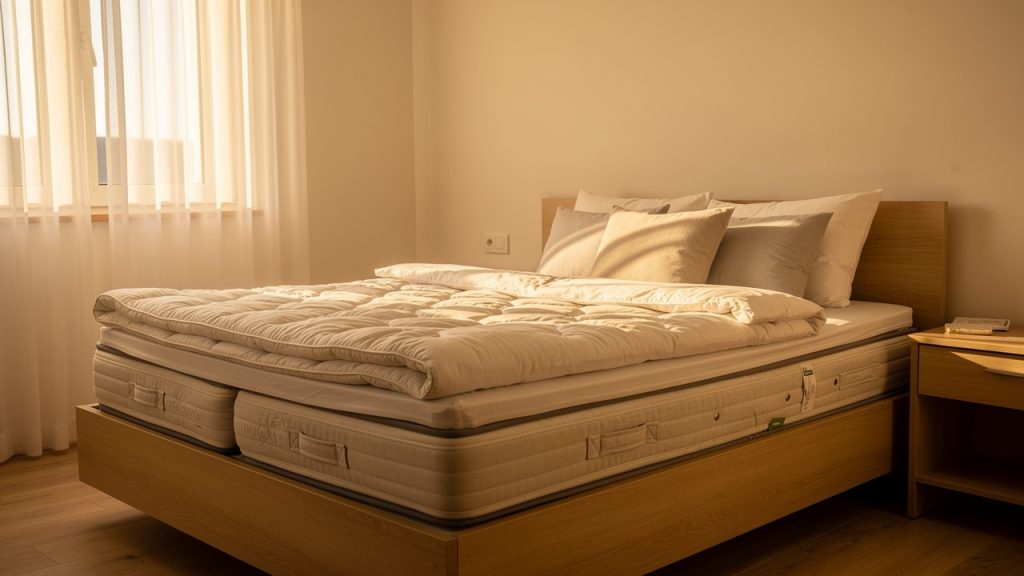 Chambre adulte lumineuse au petit matin avec un lit soigneusement fait, du linge de lit clair et une ambiance calme et naturelle.