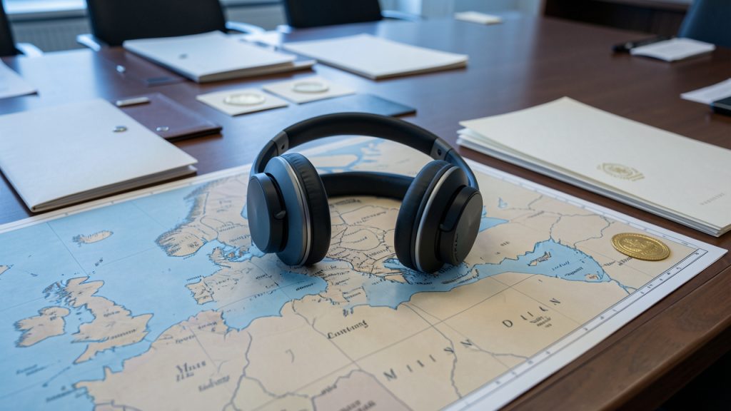 Casque audio posé devant une carte de l’Europe, entouré de dossiers diplomatiques vierges dans une salle de conférence internationale.
