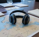 Quels podcasts choisir pour décrypter le sommet de l’OTAN et ses enjeux ? Casque audio posé devant une carte de l’Europe, entouré de dossiers diplomatiques vierges dans une salle de conférence internationale.