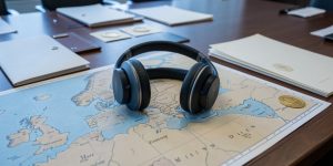 Casque audio posé devant une carte de l’Europe, entouré de dossiers diplomatiques vierges dans une salle de conférence internationale.