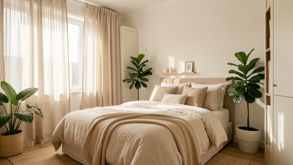 Chambre lumineuse et apaisante aux tons naturels, avec un lit soigneusement arrangé, des rideaux doux, des plantes vertes et un rangement discret.