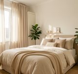 Aménager une chambre apaisante : 7 éléments pour mieux récupérer Chambre lumineuse et apaisante aux tons naturels, avec un lit soigneusement arrangé, des rideaux doux, des plantes vertes et un rangement discret.
