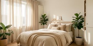 Chambre lumineuse et apaisante aux tons naturels, avec un lit soigneusement arrangé, des rideaux doux, des plantes vertes et un rangement discret.
