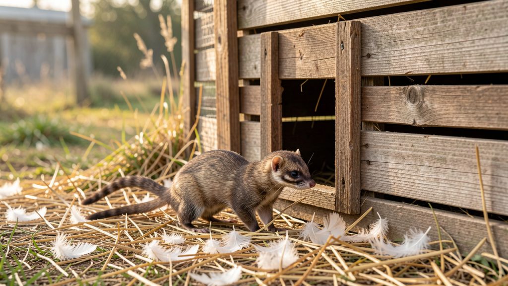Une belette entre calmement dans une cage de capture vivante et sans danger, placée près d’un poulailler en bois dans un cadre rural.