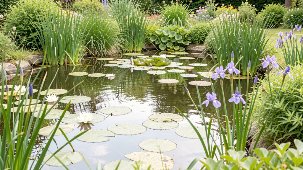 Bassin de jardin naturel vu à hauteur d’eau, entouré de nénuphars, d’iris des marais, de carex et d’une végétation dense sous une douce lumière printanière.