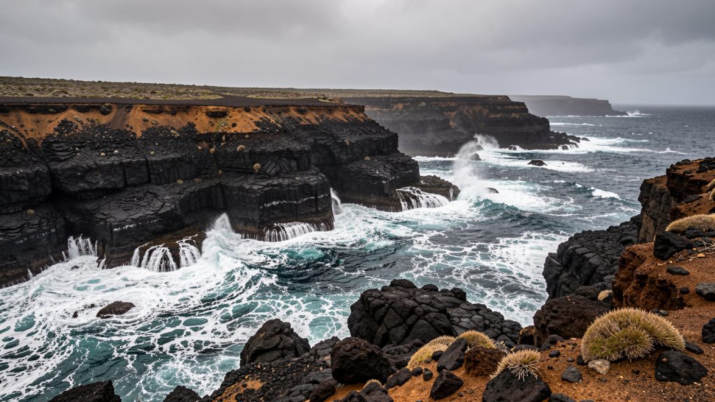 Côte volcanique escarpée de Lanzarote, avec des falaises de lave sombre, de fortes vagues atlantiques et des rochers acérés illustrant les risques naturels à anticiper avant un voyage.