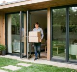 Comment déclarer fiscalement un studio de jardin occupé par son fils ? Jeune homme entrant dans un studio de jardin moderne avec plusieurs cartons, au milieu d’un jardin de maison française baigné de lumière naturelle.