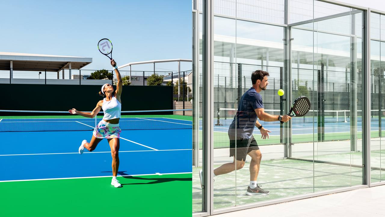 Illustration comparative montrant un court de tennis ouvert et un terrain de padel vitré, avec une joueuse de tennis et un joueur de padel en action.